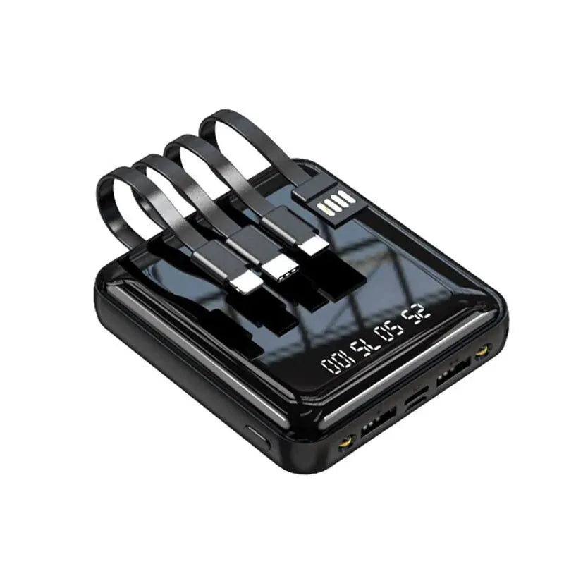 Sleek black Gizmo Gadgets 20000mAh mini power bank with multiple charging cables and LED display