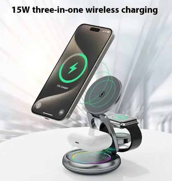 Gizmo Gadgets 3 in 1 Rotatable wireless charger with 15W charging for phone, AirPods, and Apple Watch