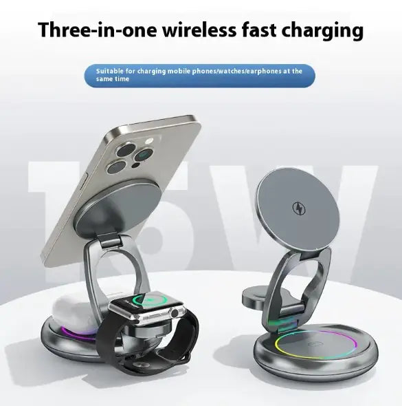 3 in 1 Rotatable wireless charger for smartphones, smartwatches, and earbuds with fast charging capability