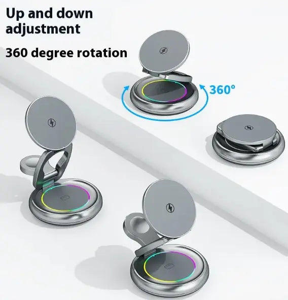3 in 1 Rotatable wireless charger with 360 degree rotation and adjustable height for versatile charging