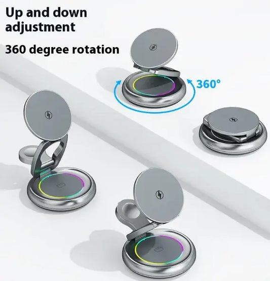 3 in 1 Rotatable wireless charger with 360 degree rotation and adjustable height for versatile charging