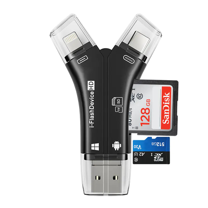 4-in-1 OTG card reader Apple with USB-C, USB-A, and dual card slots for easy file transfer