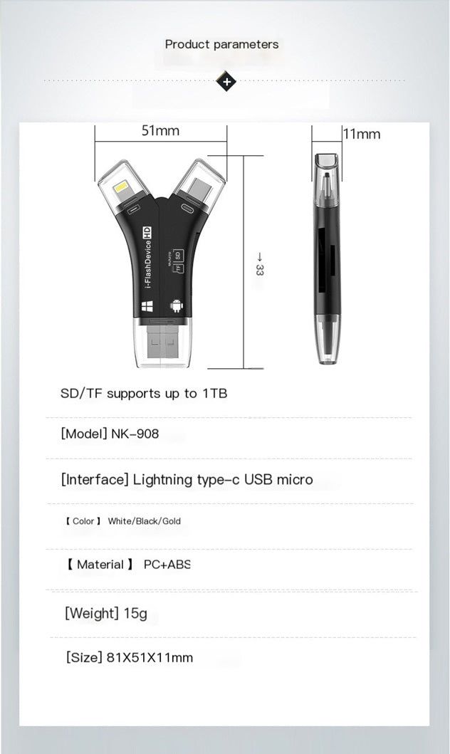 4-in-1 OTG card reader Apple with Lightning type-c USB micro for data transfer and storage