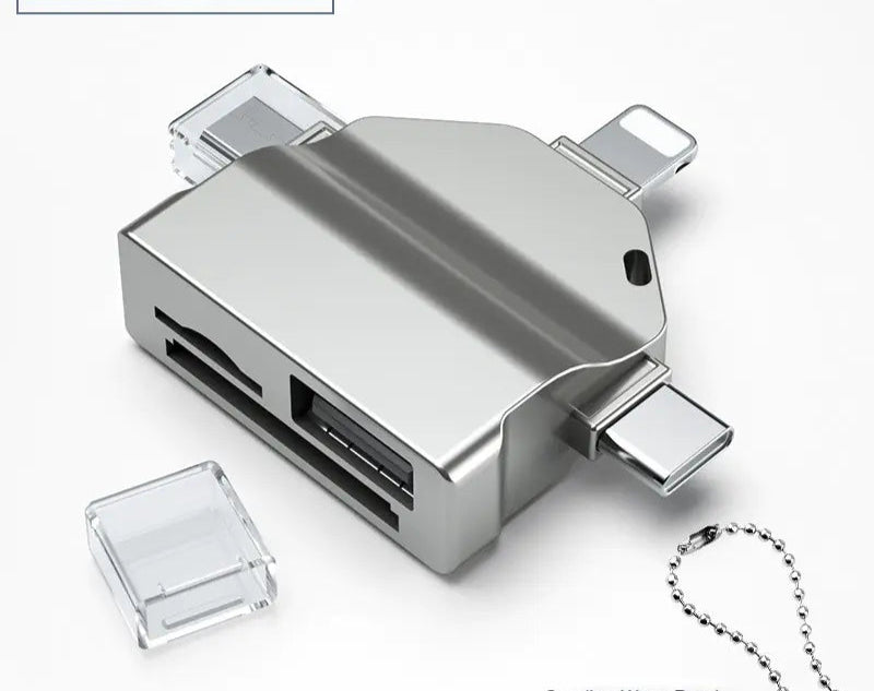 7-in-1 OTG card reader in Zinc Gold with multiple connectors for versatile device compatibility