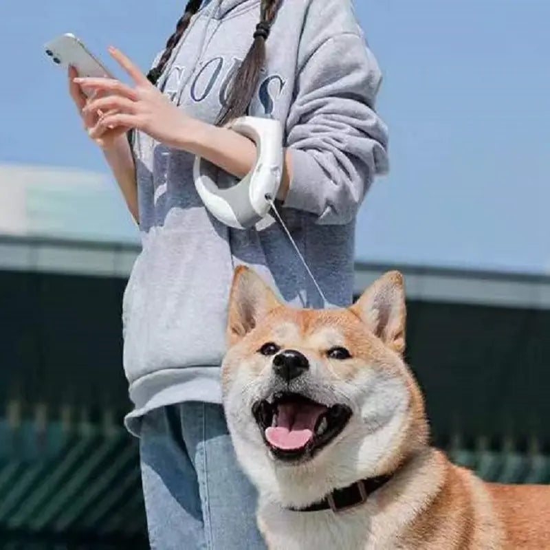 Woman using an automatic retractable LED dog leash with her happy dog outdoors