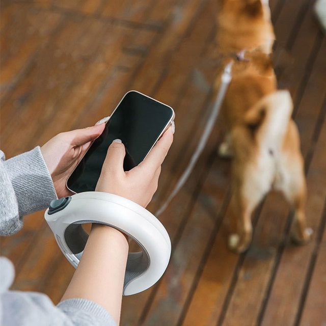 Automatic retractable LED dog leash in use, featuring a hand holding a smartphone and a dog in the background