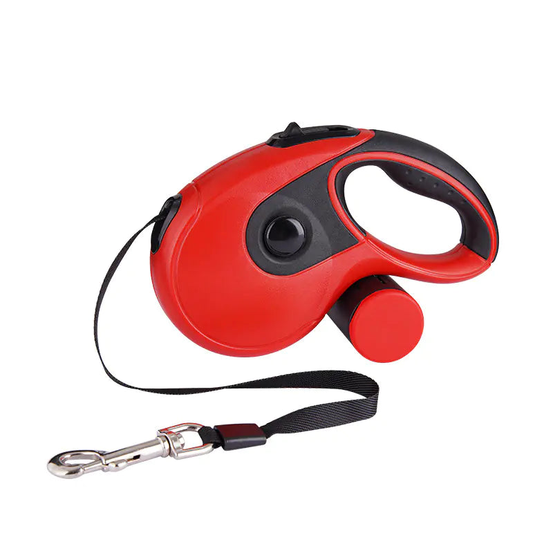 Red automatic retractable pet leash with a comfortable grip and sturdy clip for easy use
