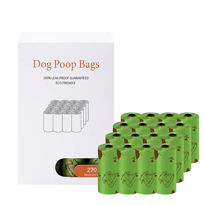 Gizmo Gadgets biodegradable pet poop bags in green, eco-friendly, and leak-proof packaging with 270 bags included