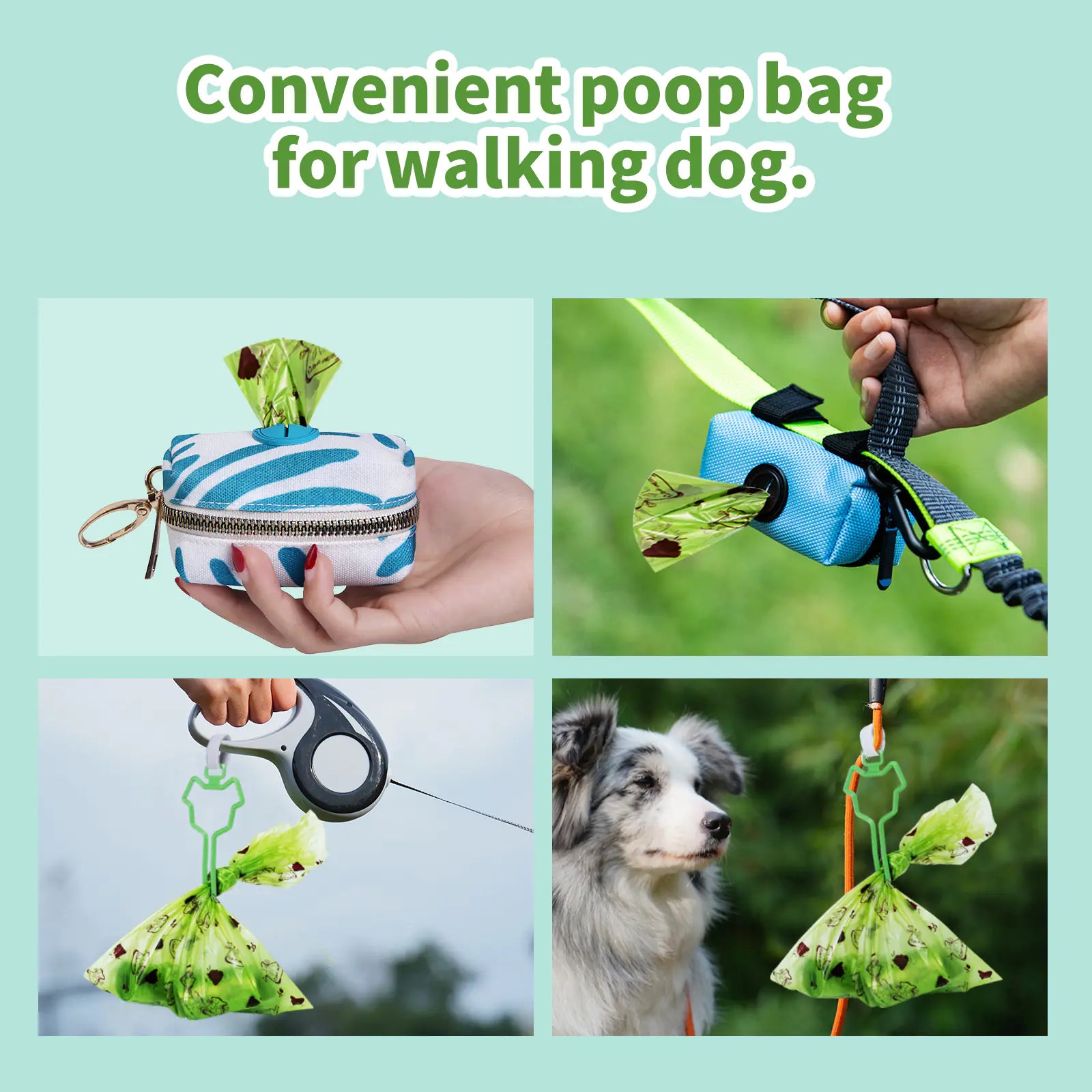 Biodegradable pet poop bags in a stylish holder for easy dog walking and cleanup