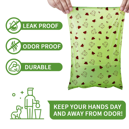 Biodegradable pet poop bags that are leak proof, odor proof, and durable for easy cleanup