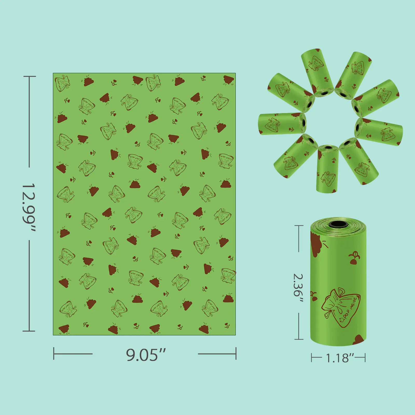 Biodegradable pet poop bags in green design with environmentally friendly materials for dog owners