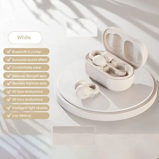 White bone conduction Bluetooth earbuds with 40-hour battery life and Bluetooth 5.3 functionality
