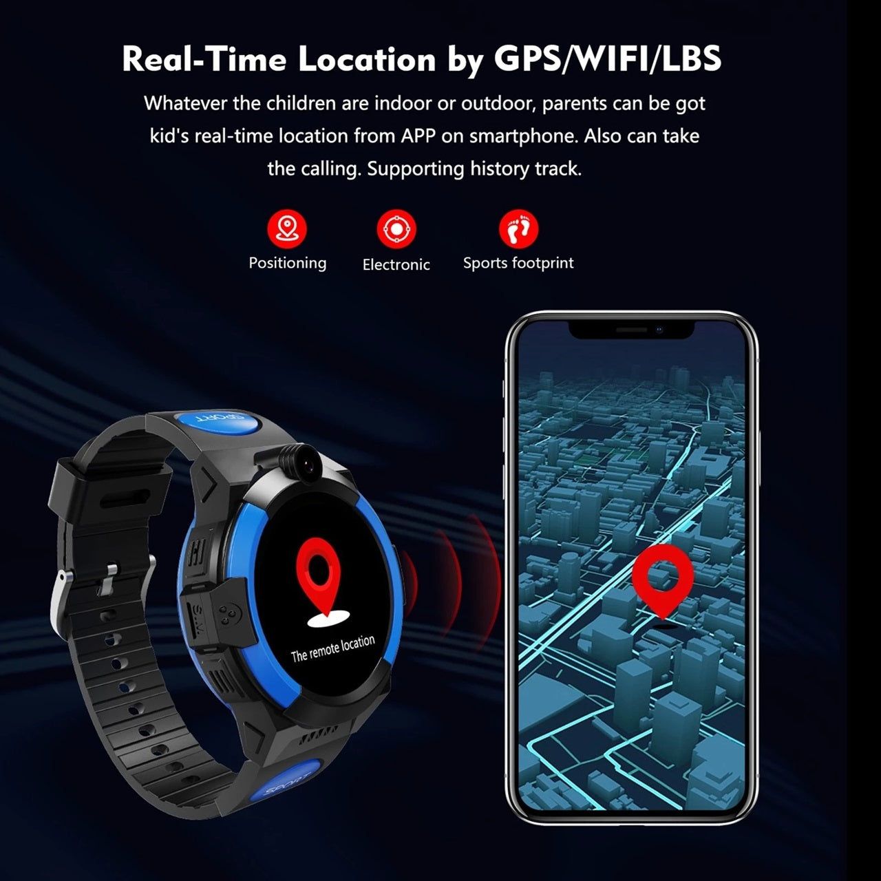 Childrens 4G Smart Watch Waterproof displaying real-time GPS tracking and smartphone app connectivity