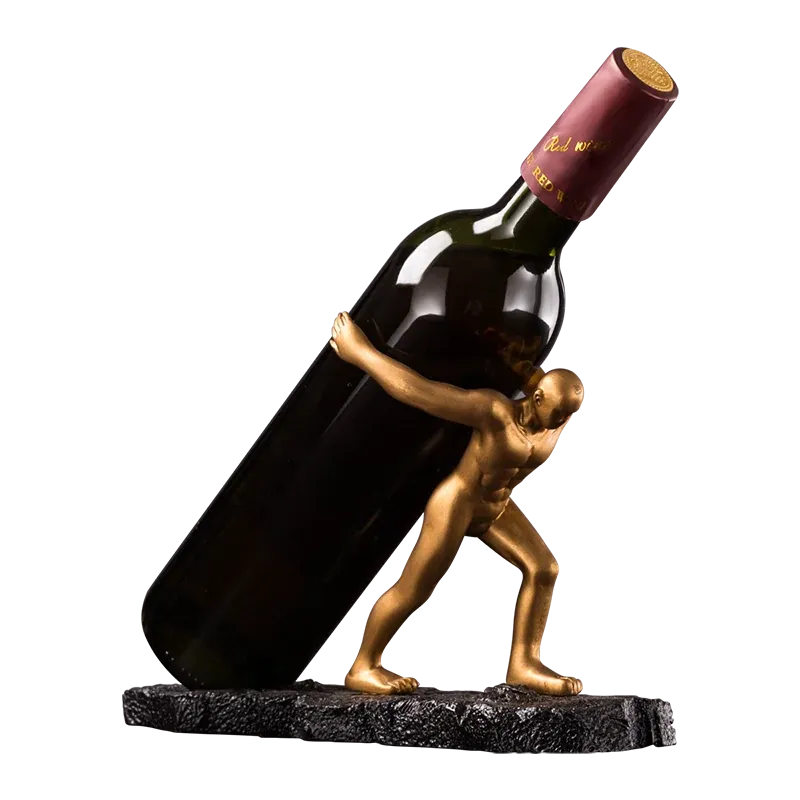 Gold statue decorative wine rack for cabinet holding a wine bottle at an angle