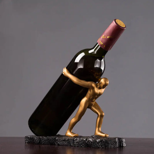 Unique decorative wine rack for cabinet featuring a gold figure supporting a wine bottle