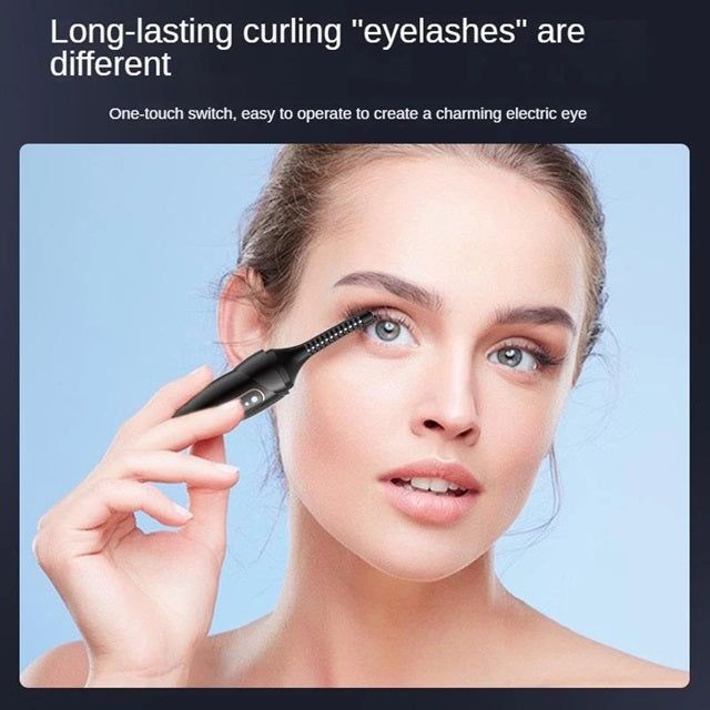 Electric eyelash curler in use for creating charming, long-lasting curls on eyelashes