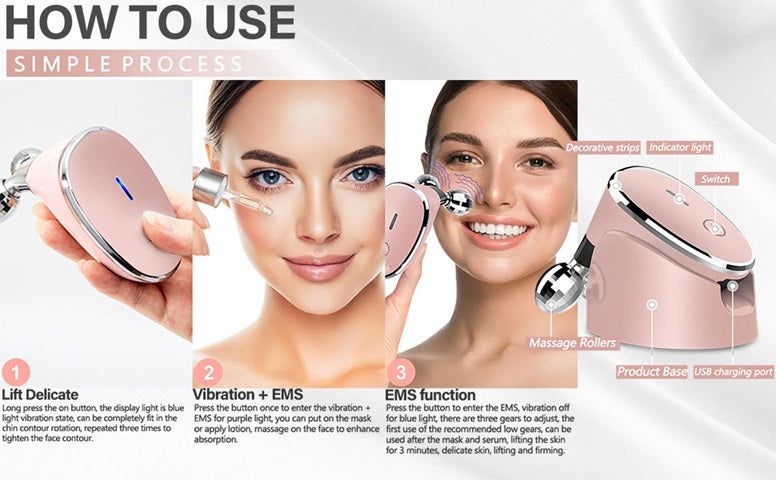 How to use the electric facial massage roller with vibration and EMS features in a simple process