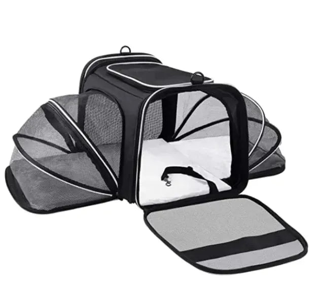Black expandable pet carrier for small animals with mesh panels and spacious access openings