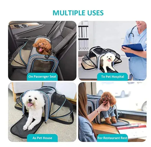 Gizmo Gadgets expandable pet carrier for small animals showing various uses in different settings