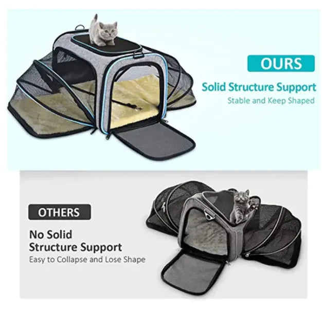 Expandable pet carrier for small animals featuring solid structure support for stability and comfort
