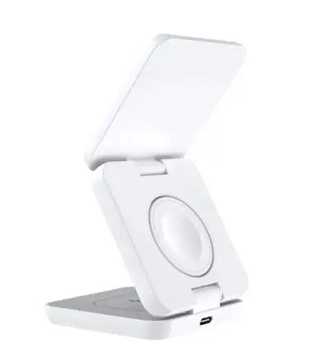Foldable wireless charger in white, compact design for easy portability and convenient charging