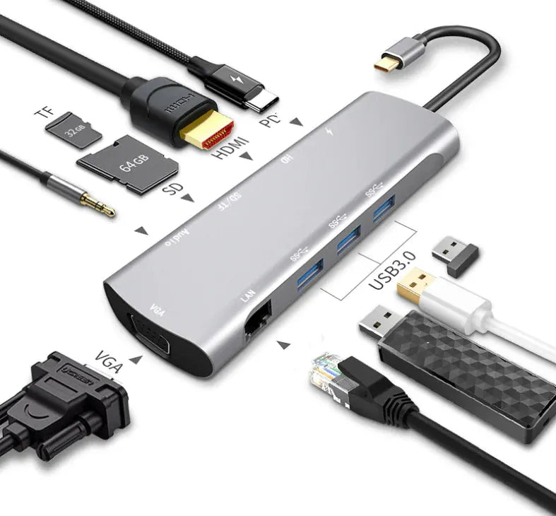 10-in-1 USB C Hub for Huawei with multiple ports including HDMI, USB, and SD slot for connectivity