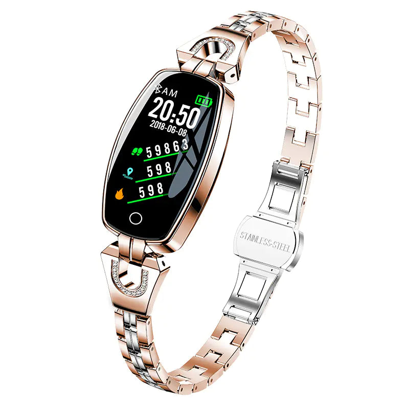 Stylish heart rate monitor smart watch with a rose gold stainless steel band for fitness tracking