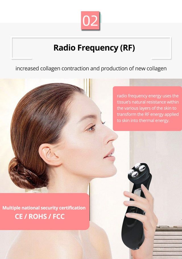 Ion import beauty device demonstrating radio frequency technology for skin rejuvenation and collagen production