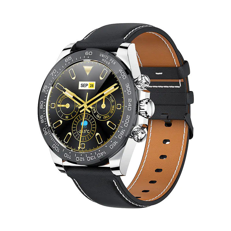 Stylish black IP68 waterproof smart watch with a round face and leather strap for fitness tracking