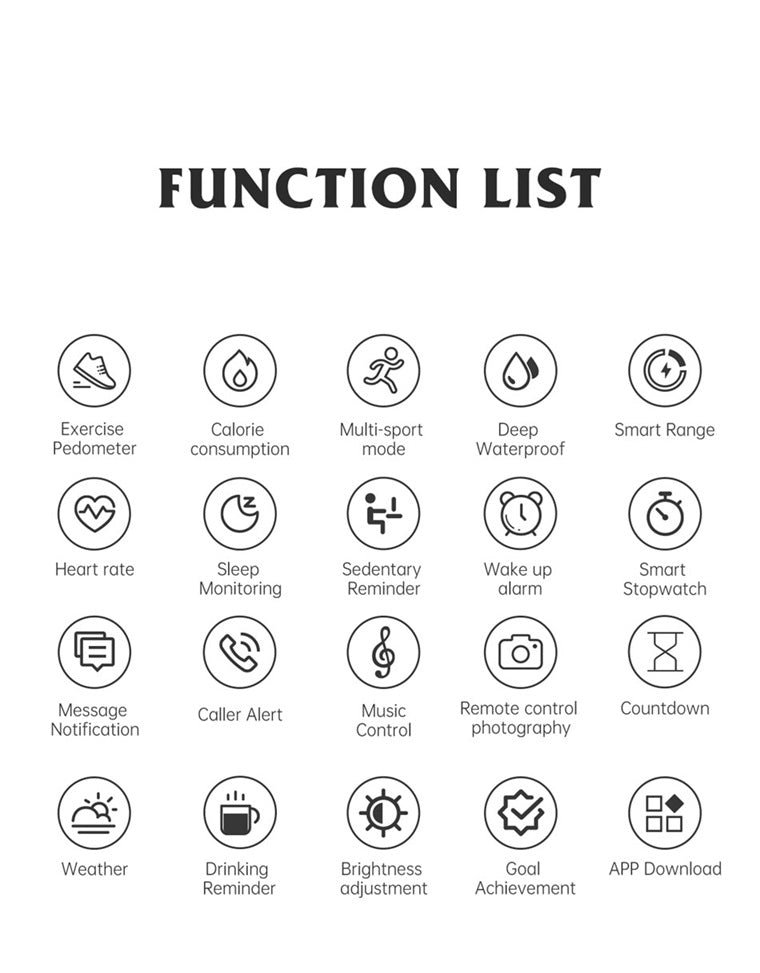 Function list for IP68 waterproof smart watch highlighting features like heart rate, sleep monitoring, and notifications