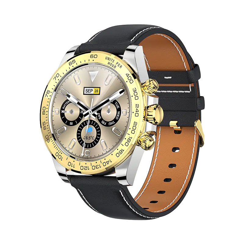 Gizmo Gadgets IP68 waterproof smart watch with a gold and silver dial and black leather strap