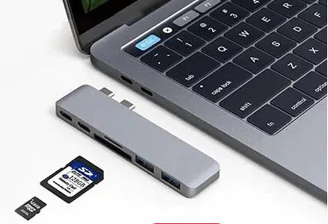 Gizmo Gadgets MacBook USB Type-C hub connected to a laptop with SD and microSD cards