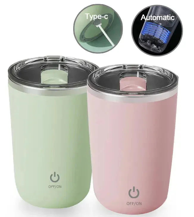 Gizmo Gadgets magnetic coffee mug set in green and pink with Type-C charging and automatic features