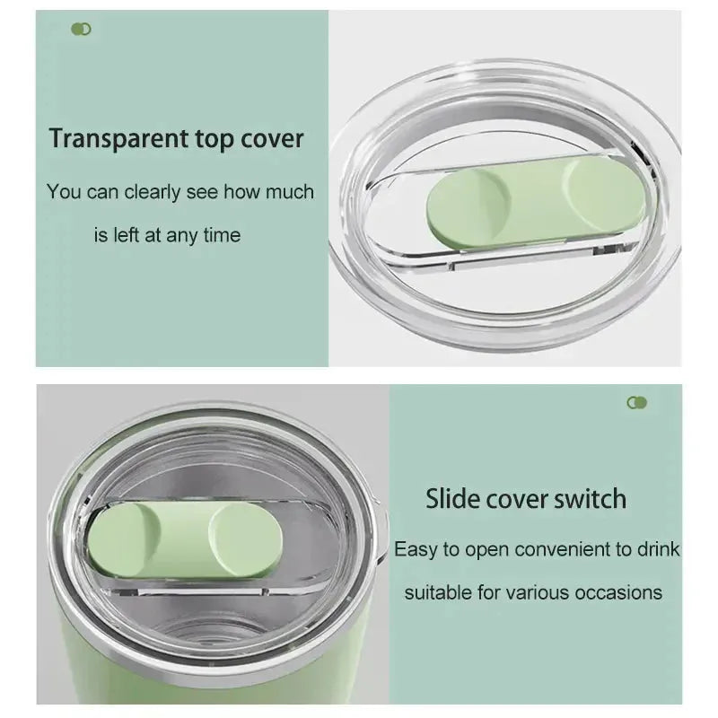 Magnetic coffee mug with transparent top cover for easy monitoring and convenient slide cover switch