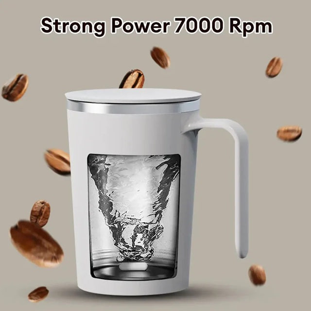 Gizmo Gadgets Magnetic coffee mug with handle featuring a clear view of swirling coffee inside