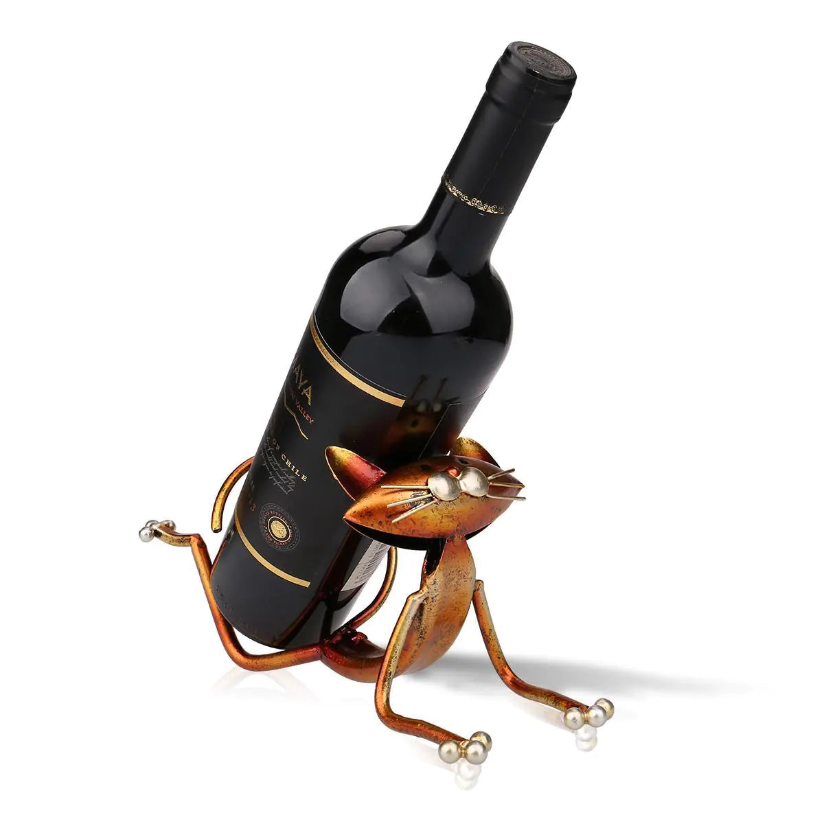 Unique modern metal yoga cat wine rack holding a bottle of wine with playful design