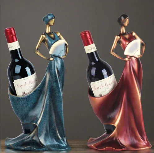 Unique modern wine rack with figurine in elegant design, holding two wine bottles in stylish poses