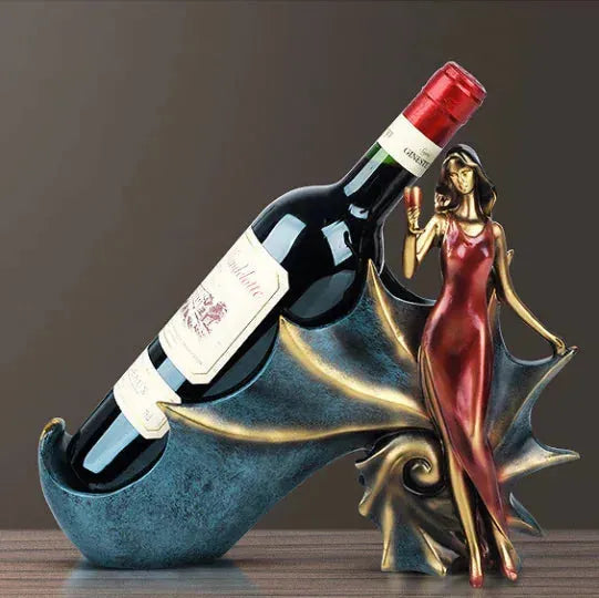 Stylish modern wine rack with figurine featuring a woman in a red dress holding a glass