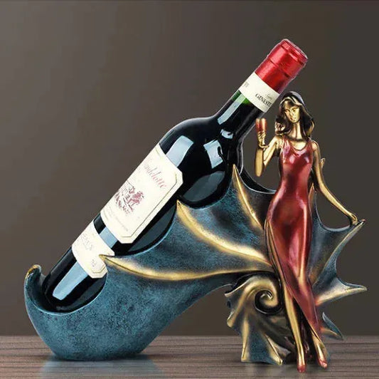 Stylish modern wine rack with figurine featuring a woman in a red dress holding a glass