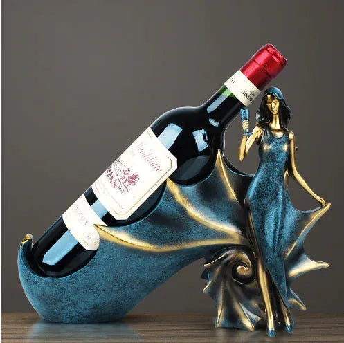 Stylish modern wine rack with figurine featuring a woman holding a wine bottle in an artistic design