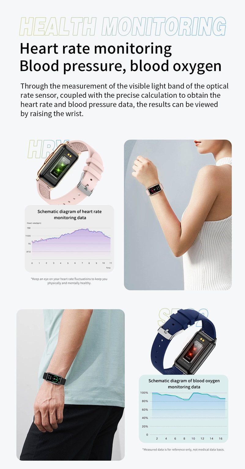Multi-function fitness smart watch in pink and blue displaying heart rate, blood pressure, and blood oxygen metrics