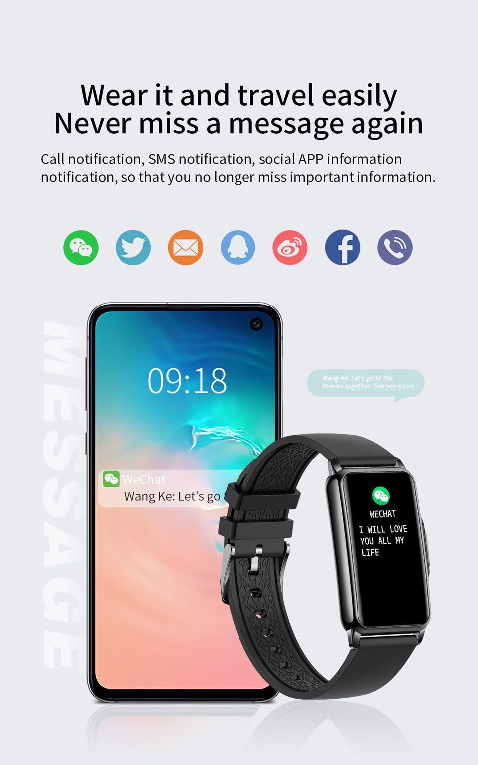 Multi-function fitness smart watch displaying notifications next to a smartphone for easy message access