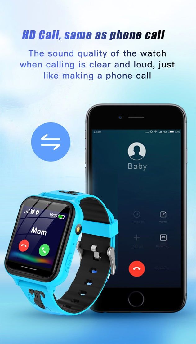 Gizmo Gadgets multilingual childrens smart watch in blue showing HD call feature with smartphone