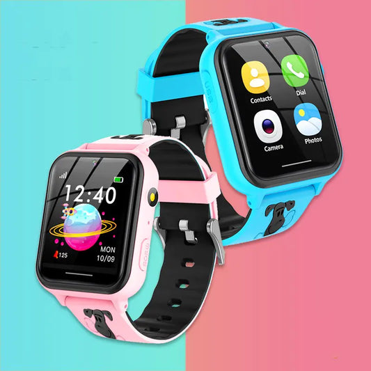 Multilingual childrens smart watch in pink and blue with touch screen and various apps