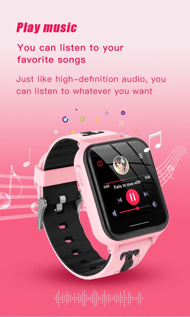 Multilingual childrens smart watch in pink with music playback feature and high-definition audio
