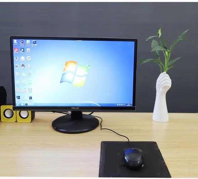 Stylish Nordic vase with dried flowers on a desk beside an ASUS monitor and mouse