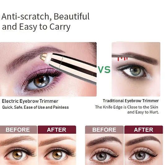 Painless eyebrow hair remover showcasing before and after results with an electric trimmer