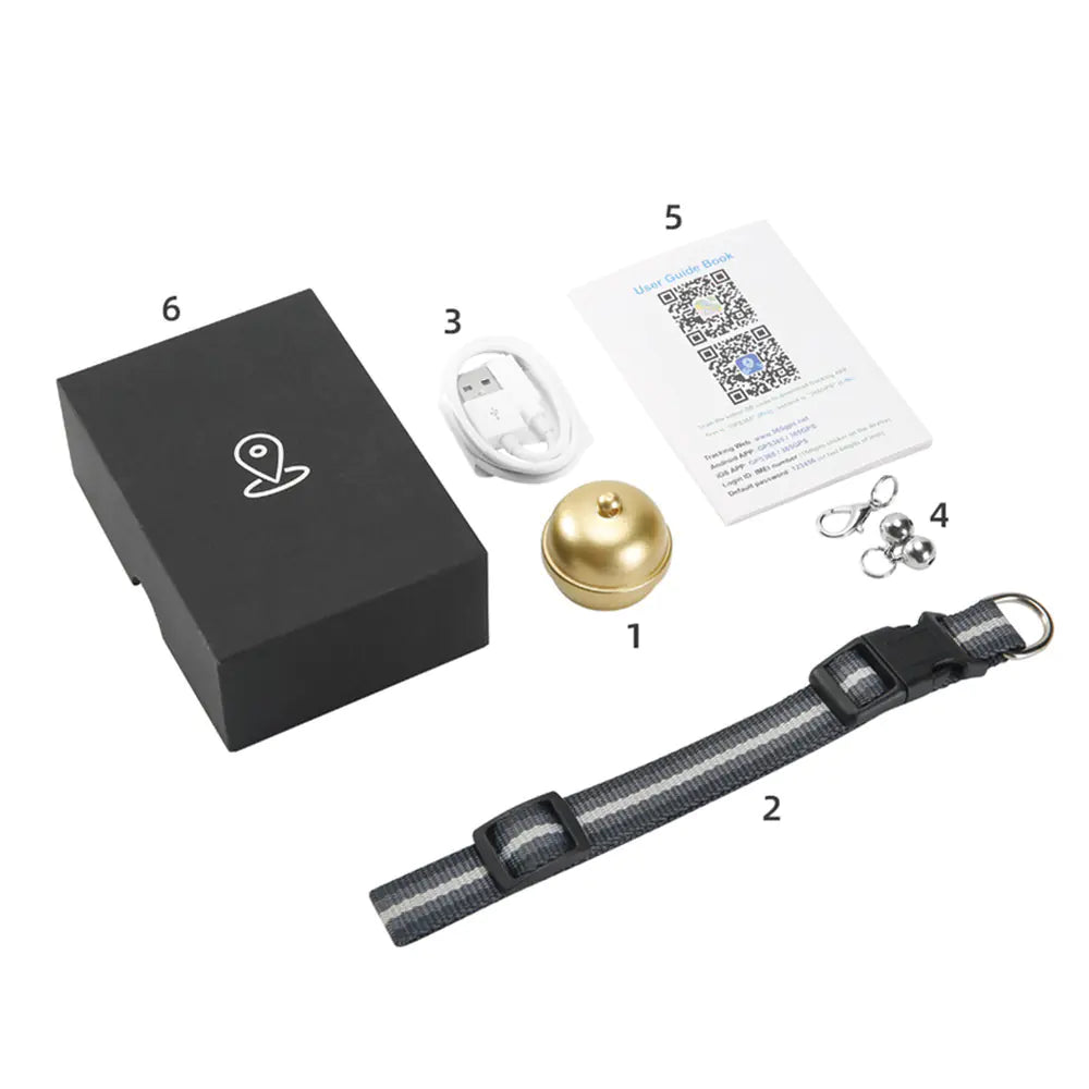 Gizmo Gadgets Pet GPS Tracker with accessories including a collar, bell, USB cable, and user guide