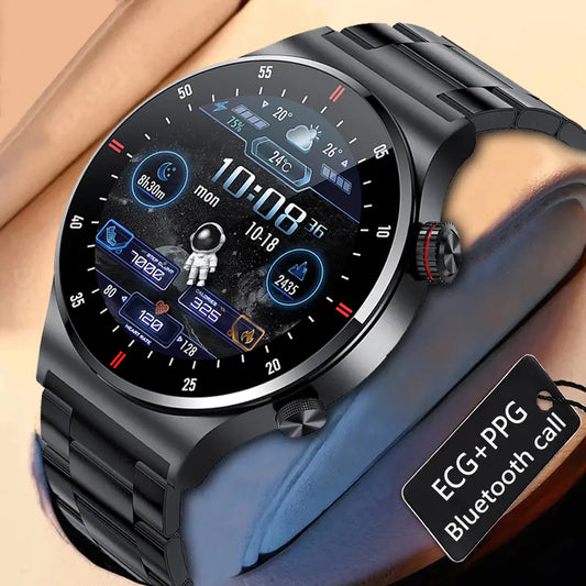 QW33 smart watch with pedometer displaying health metrics and Bluetooth call features on a sleek black band