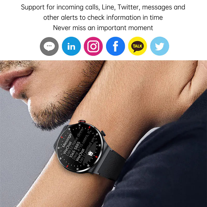 QW33 smart watch with pedometer displaying incoming call notifications and messages on the screen